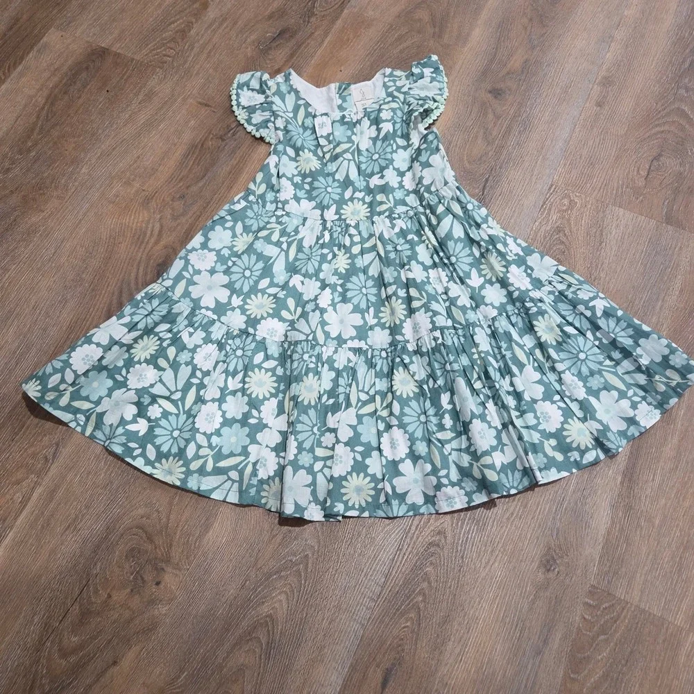 Joie Girls Floral Tiered Dress Teal White Cotton Ruffle Pom Pom Size 6 NEW